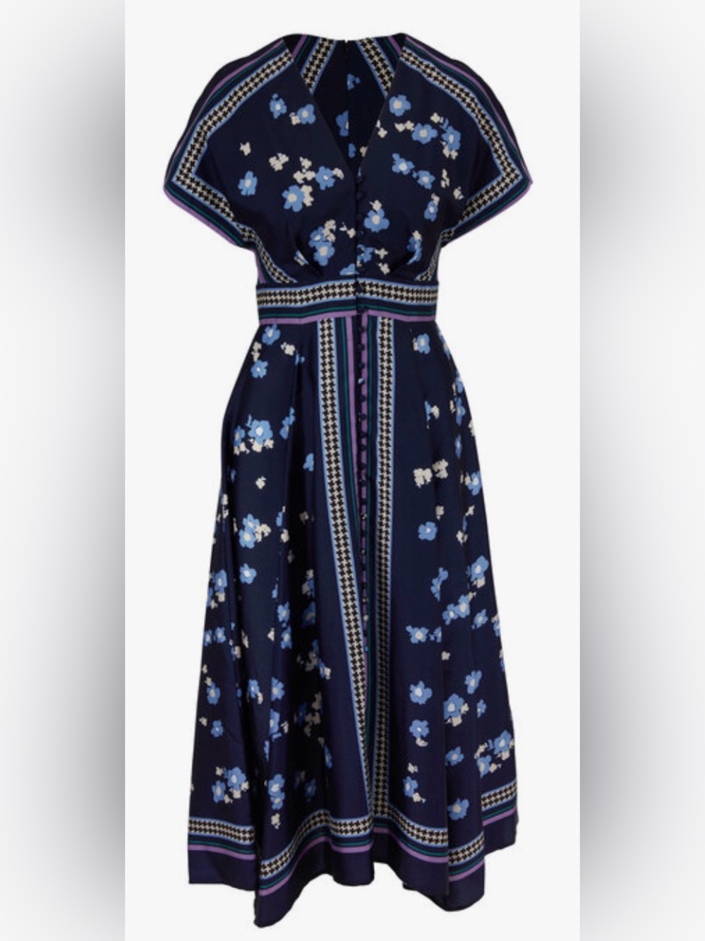 Lela Rose Navy Multi V-Neck Button Front Midi Dress